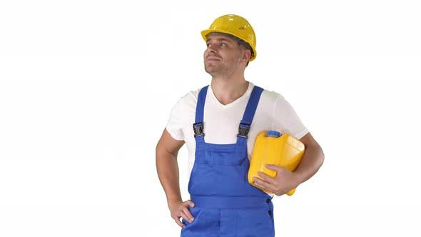 Happy Worker in Hardhat Holding His Thumbs Up Renovation Check It Out on White Background