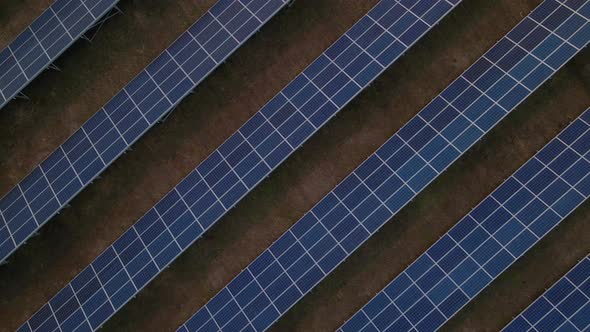 Top Down Aerial View of Large Solar Panels at a Solar Farm at Early Spring Sunset