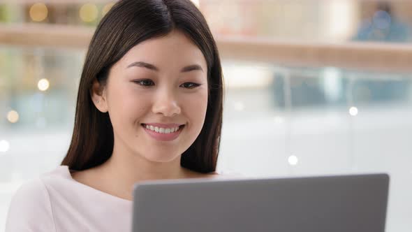 Portrait Smiling Happy Asian Female Face Looking at Laptop Satisfied Girl Woman Freelancer Boss