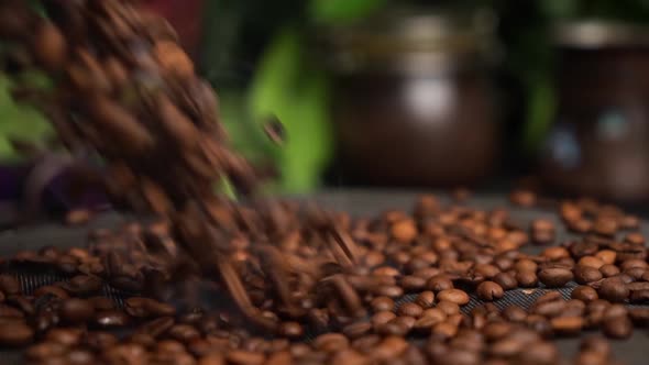 Slow Motion Coffee Beans Are Roasted on a Frying Pan, Smoke Comes From Coffee Beans. Nice Background