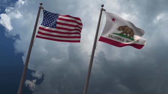 Waving Flags Of The United States And California State Flag 2K