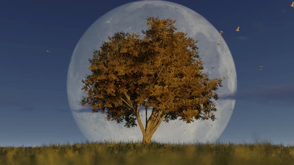 Autumn Tree In Fall Season And Full Moon