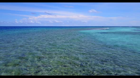 Aerial drone panorama of perfect bay beach lifestyle by transparent water with white sandy backgroun