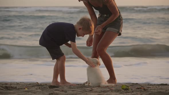 Mother and Sun on Beach at Sunset