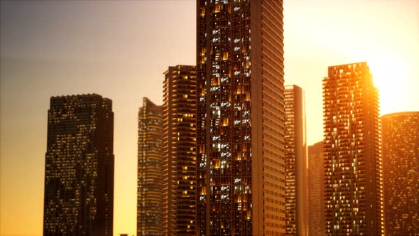 Sunset Aerial Shot of Skyscrapers of Business Centre