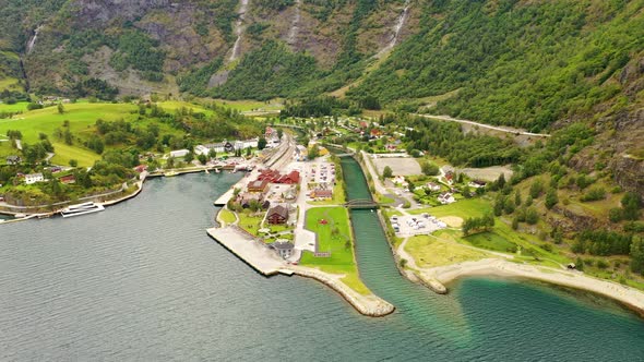 Flying over a beautiful town in Norway called FLAM - Front view