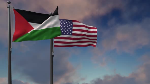 Palestine Flag Waving Along With The National Flag Of The USA - 4K