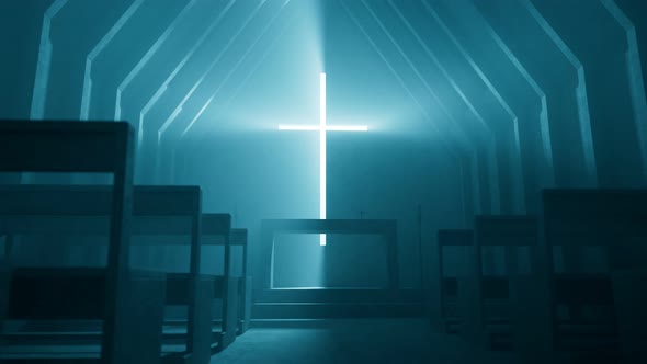 Interior of modern minimalistic chapel or church. Morning light. 4k HD