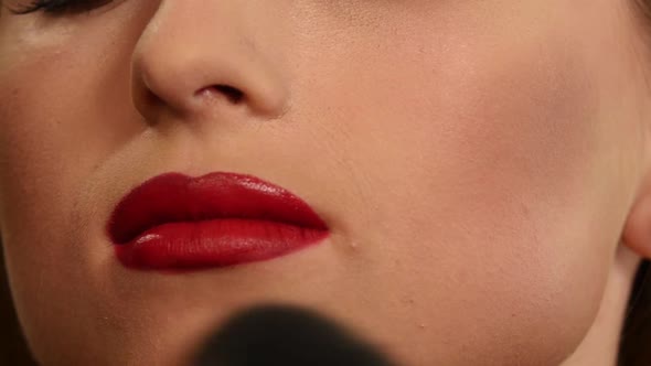 Makeup Artist Applying Shimmer Powder on Woman Face. Close Up. Slow Motion