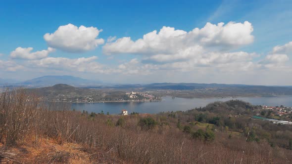 Panoramic view from Motta Grande viewpoint over lake Maggiore in Piedmont, Italy. Zoom in