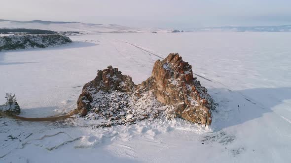 Aerial View on Shamanka Rock on Olkhon Island in the Morning