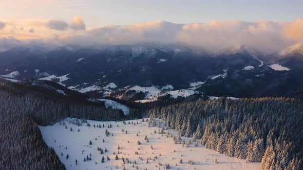 Aerial snowy forest at Sunset. Mountainside Landscape in Winter Season