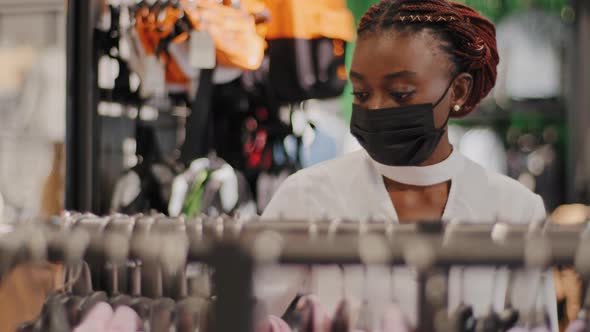 Close Up African American Woman Shopper Consumer Store Client Girl Female Wearing Medical Mask
