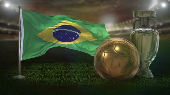 Brazil Flag With Football And Cup Background Loop