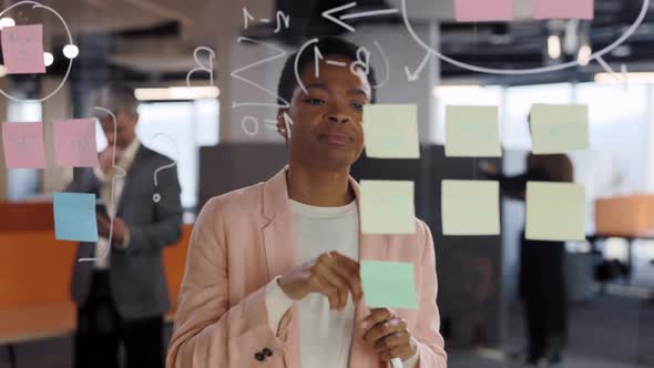 Pretty Woman Entrepreneur Proposing Business Ideas and Plans on a Glass Board in Office