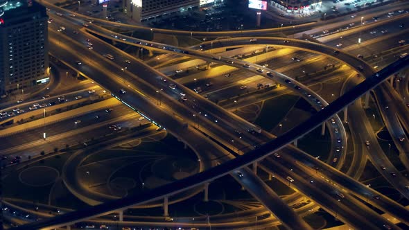 Multilevel Illuminated Road Burj Khalifa From Bird Eye View at Night in Dubai in UAE