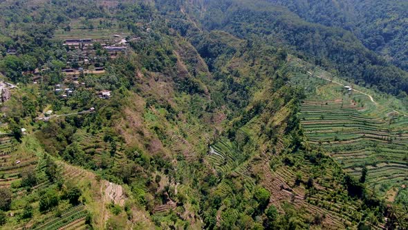 Umbul Sidomukti valley in Ambarawa, Indonesia. Aerial reverse