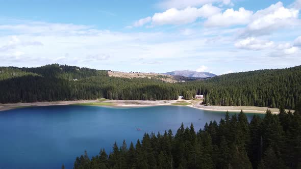 Panorama View of Big Lake Surrounded By Coniferous Forest