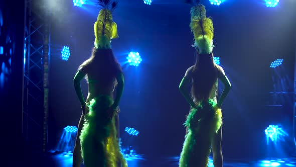 Silhouettes of Female Dancers in Revealing Carnival Costumes and Headdresses with Feathers Dancing