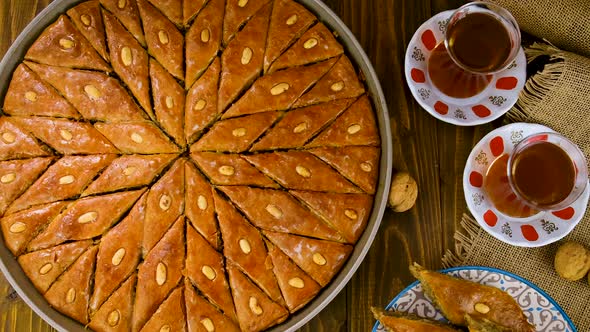 Baklava and Turkish Tea on the Table