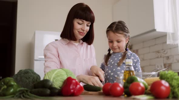 Pretty Mother and Daughter Preparing Tasty Food at Kitchen