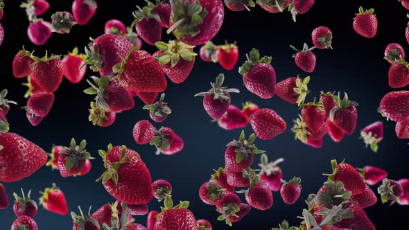 Strawberry with Slices Falling on Deep Blue Background