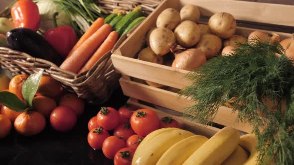 Fruit Market with Various Colorful Fresh Fruits and Vegetables