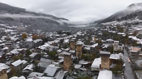 Aerial Winter Scenery of Svan Towers Covered with Snow