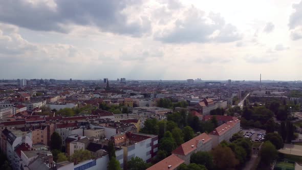 Overview panorama TV Tower, Mauerpark and Jahn Sportpark. Beautiful aerial view flight panorama curv