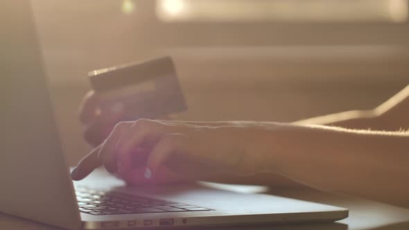 Online Shopping. Hands Holding Credit Card and Using Laptop