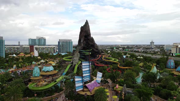 aerial view of a volcano, volcano bay in orlando florida water theme park vacation