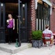 Woman leaving coffee shop, men sitting outdside - VideoHive Item for Sale