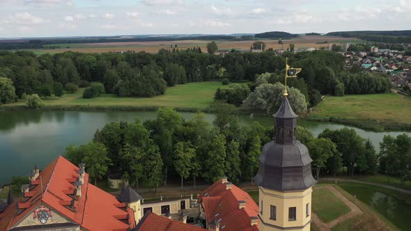 Flying Over the Nesvizh Castle, the Park Around the Castle and the Lake, Aerial Video of Nesvizh