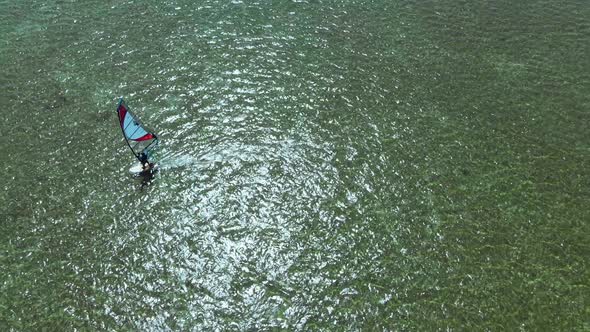 Drone View Alone Surfer Sliding Calm Sea on Windsurf