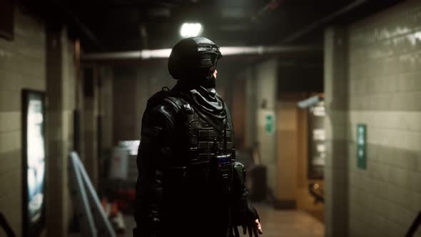 Policeman in Empty Underground Metro Sunbway