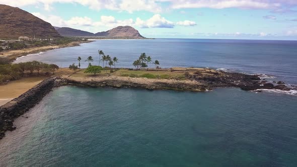 Aerial view of Pokai bay beach in Waianae Oahu on a sunny day