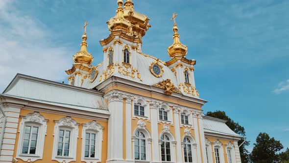 Facade of the large palace in Peterhof church. Russia, Peterhof, 02.07.2021