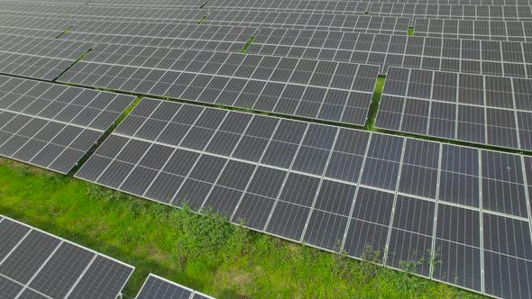 Close Up Aerial view of Solar Panels Farm