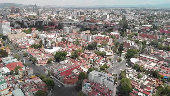 Aerial view of Colonia Doctores, a neighborhood near General Hospital, in Mexico City. Drone flying
