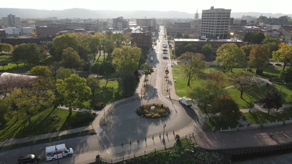 Panorama of downtown area from park, to buildings, to the Mississippi River and bridge.