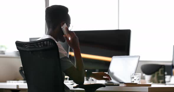 Male Executive Using Laptop While Talking on Mobile Phone