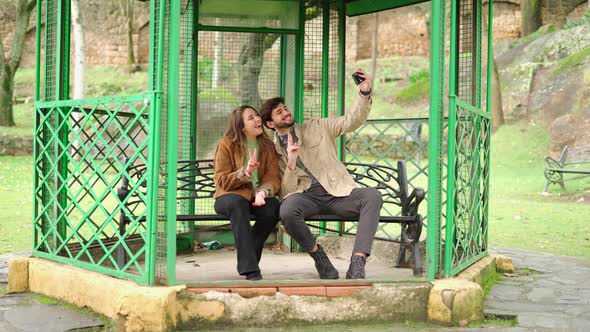 Cheerful friends showing peace gesture and taking selfie