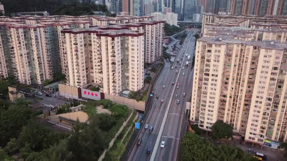 Aerial View Of Hong Kong High-Rise Residential Buildings Mei Foo Sun Chuen And Manhattan Hill And Co