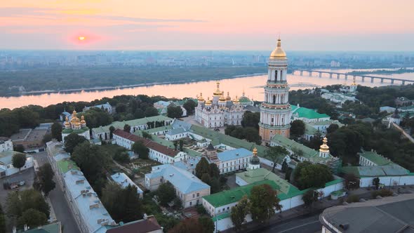 Kyiv-Pechersk Lavra in the Morning at Sunrise. Ukraine. Aerial View