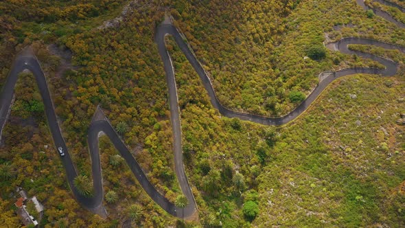 Top View of the Surface of the Island of Tenerife Car Drives on a Winding Mountain Road in a Desert