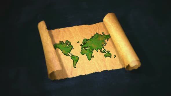 World Map Painting Unfolding Old Paper Scroll 3D