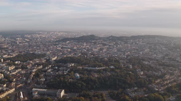 Aerial Drone Video of European City Lviv Ukraine Rynok Square Central Town Hall Dominican Church