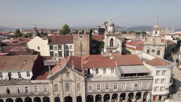 Remnants of Braga Castle and Keep Tower, Portugal. Aerial approach