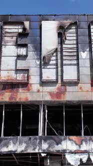 Vertical Video of a Burnt Shopping Center During the War in Bucha Ukraine