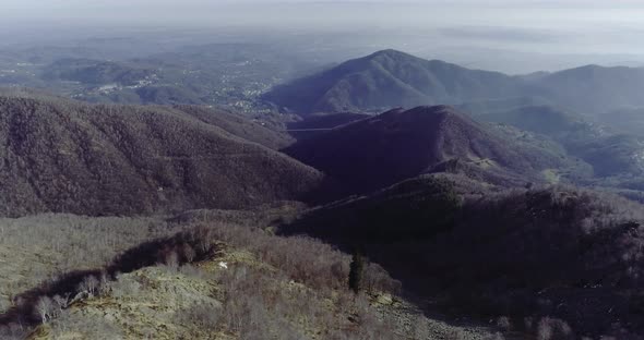 Side Aerial Drone Flight Establisher Over Forest Woods with Mountains and Planes in Winter